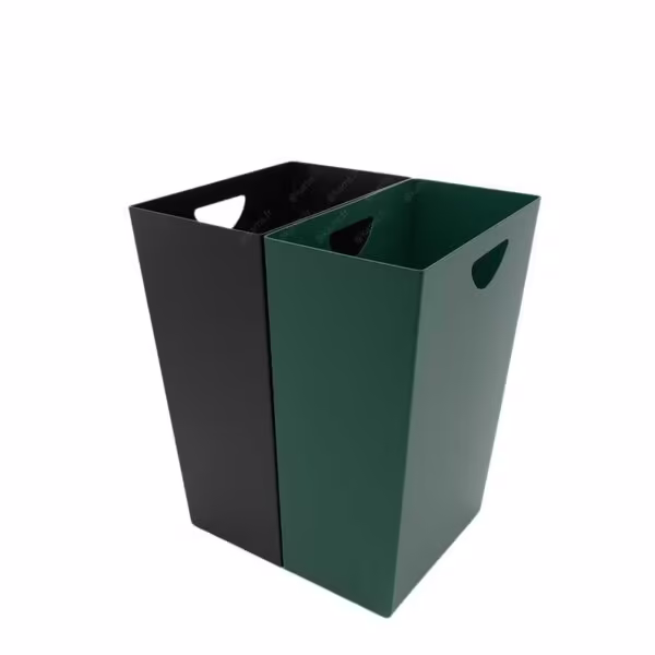 Corbeille carrée haut de gamme en simili cuir avec compartiments pour tri sélectif, design élégant pour chambres d'hôtel premium
